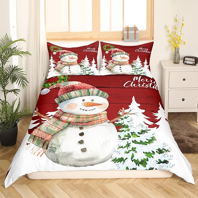 Merry Christmas Duvet Cover Set Full Size, Cute Snowman and Xmas Tree Print Comforter Cover with 2 Pillowcases, Red Wooden Stripe Print Bedding Set 3pcs for Kids Girls Bedroom Decor,No Comforter