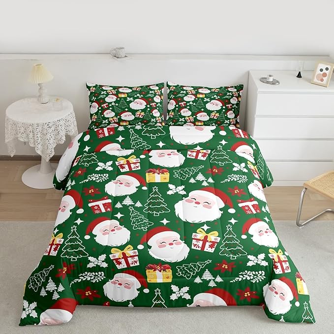 jejeloiu Santa Claus Comforter Set Twin Size Merry Christmas Bedding Set for Kids Boys Girls Xmas Themed Duvet Quilt Green Bedroom Decor