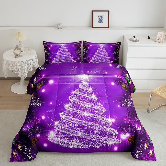 Feelyou Kids Merry Christmas Decorations Comforter Set, Kids Santa Tree Bedding Set Full Size for Boys Girls Teens Xmas Christmas Bell Decor Comforter Glitter Purple Quilt Set