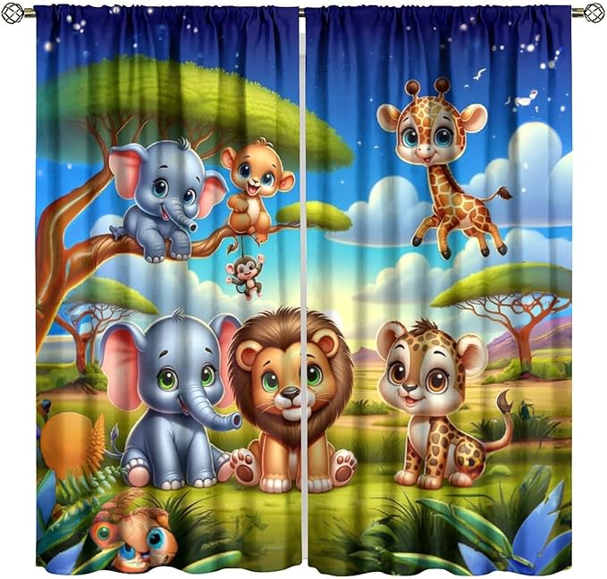 Jungle Safari Window Curtains for Kids Boys Girls Watercolor Cartoon Forest Animals Baby Living Room Bedroom Nursery Toddler Rod Pocket Drapes 55" W X 63" L
