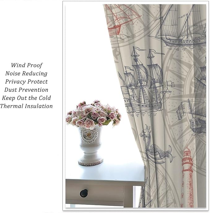 Abstract Nautical Curtain Set Seahorse Curtain for Kids Yellow Polyester Fabric Bedroom Curtain Set 2 Panels,63x63 Inches