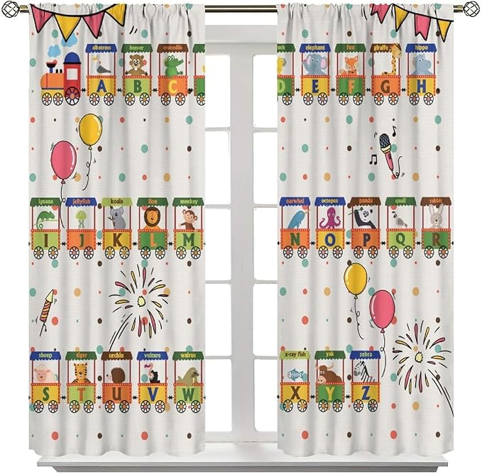 Alphabet Train Kids Curtain Animals Alphabet Children Teens Early Learning Printed Rod Pocket Blackout Window Treatments for Classroom Bedroom Nursery Playroom 63" W X 72" L