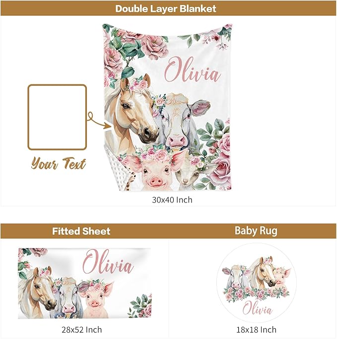 Custom Baby Crib Bedding Set, 3 Pcs Personalized Nursery Bedding Set with Name, Soft Baby Bedding Crib Sets with Blanket - Toddler Crib Sets for Girls Boys, Infant Newborn Gifts, Flower Animals