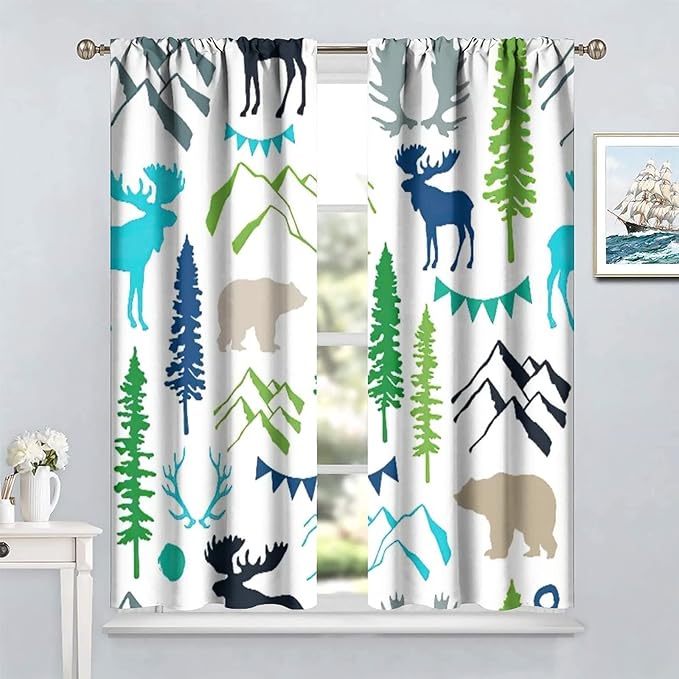 Forest Woodland Curtains, Wild Nature Bear Moose Deer Pine Trees Mountain Cabin Lodge Blackout Rod Pocket Windows Door Curtain for Bedroom Living Room Home Decor 42x54in