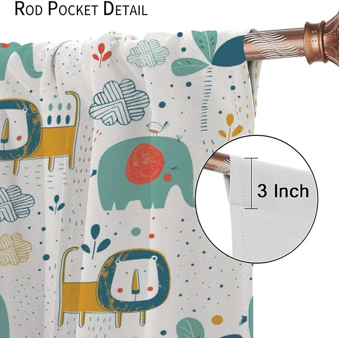Cute Lions Blackout Curtains for Kids Bedroom,Cartoon Tropical Plants Birds Elephants Print Pattern Window Drapes,Funny Animal Thermal Insulation Curtain for Nursery Baby Room 72x63in