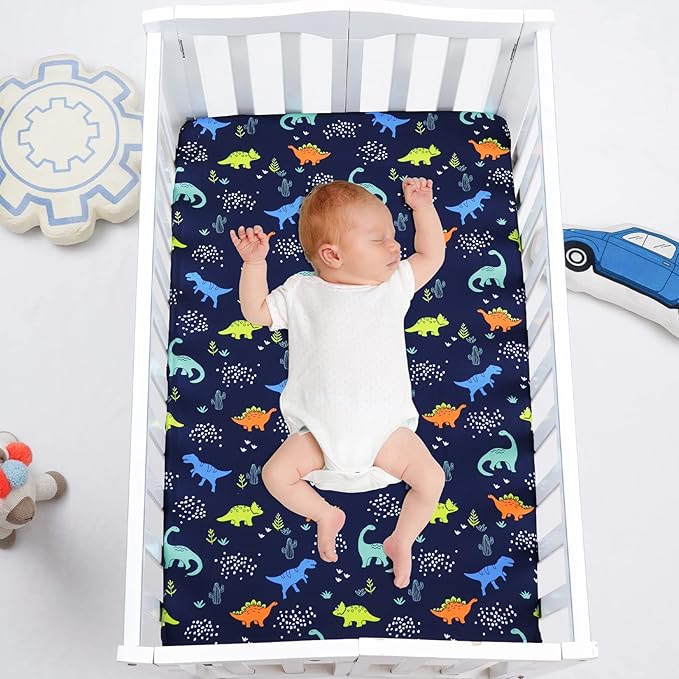 PHF 3 Pack Soft Mini Crib Sheets, Dinosaur Pack N Play Sheets for Baby Boys Girls, No Slip Universal Fit for Pack N Play, Playard, Portable and Mini Crib Mattresses,Navy Dinosaur