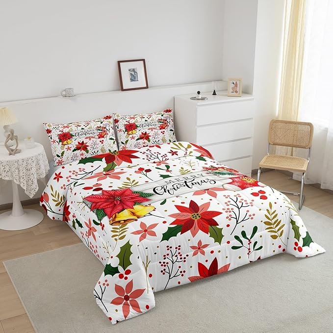 Castle Fairy Merry Christmas Comforter Set Toddler Size,Red Xmas Flowers Berry Leaves Plant Bedding Set with 1 Pillowcase,Floral Themed Bell Socks Print Quilted Duvet Set for Kids Boys Men, White