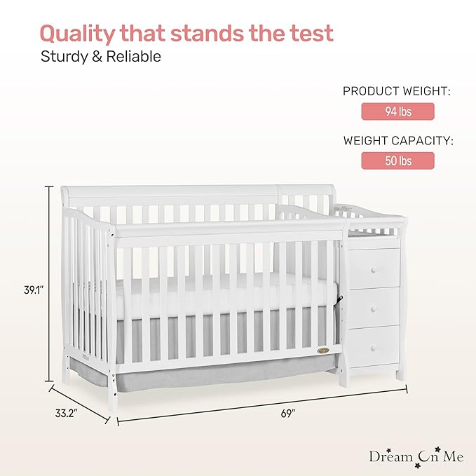 Dream On Me Brody 5-in-1 Convertible Full-Size Baby Crib & 3-Drawer Changer in White, Pinewood, GreenGuard Gold & JPMA, 1” Changer Pad, 3 Mattress Heights, Converts to Toddler & Full Size Bed