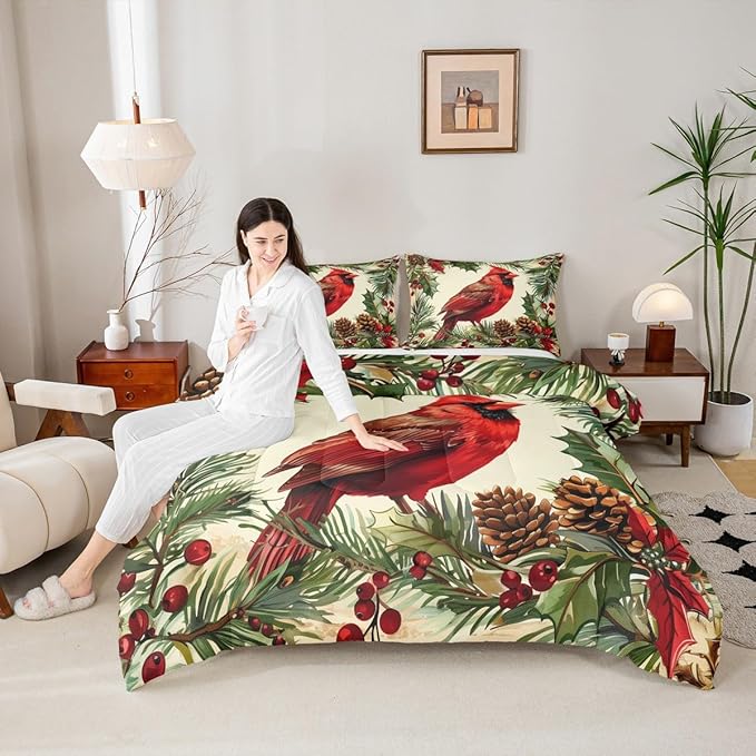 jejeloiu Kids Red Cardinal Comforter Set Toddler Christmas Tree Green Plants Bedding Set for Boys Girls Teens Xmas Birds Animal Winter Happy New Year Duvet Quilt Room Decor