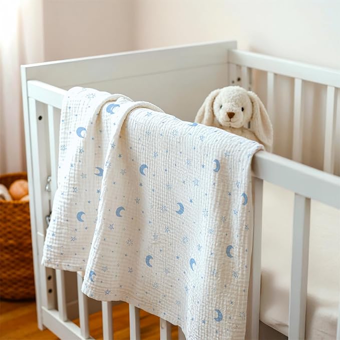 Star Moon Baby Blankets for Boys Girls, Soft Nursery Minky Blankets with Muslin and Dotted Fleece Back 30x40 inches, Receiving Bed Quilt for Newborn, Infants, Toddlers