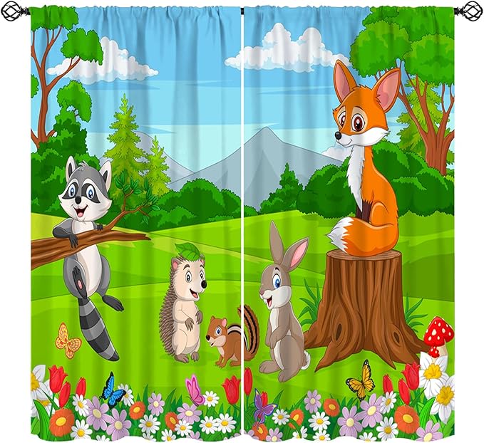 Safari Animal Curtains for Kids Cartoon Woodland Wildlife Jungle Animals Window Treatments for Boys Girls Bedroom Cute Fox Forest Nursery Children Drapes for Living Room W42xL63(Decor)