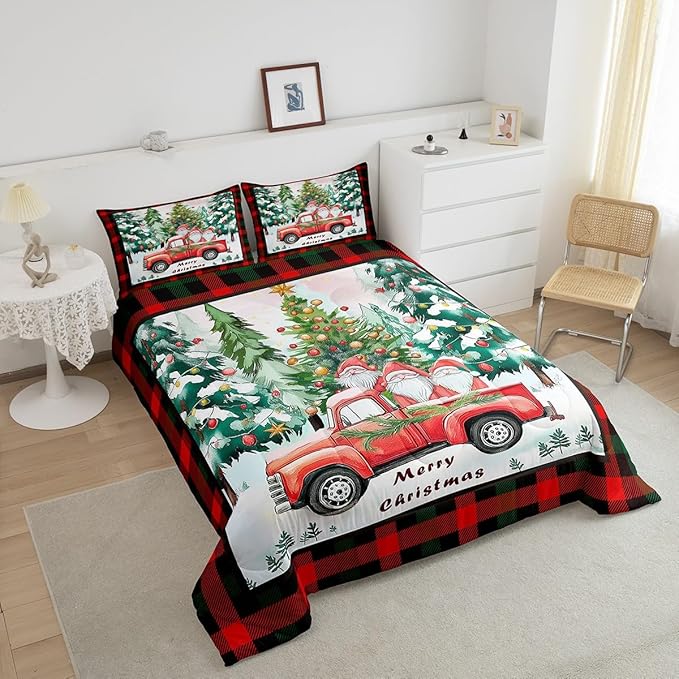Xmas Theme Comforter Set Twin Size,Christmas Tree Retro Red Truck Bedding Set for Kids Boys Girls Room Decor,Black Red Plaid Quilt Set 2Pcs,Cartoon Gnome Merry Christmas Duvet Insert,1 Pillowcase