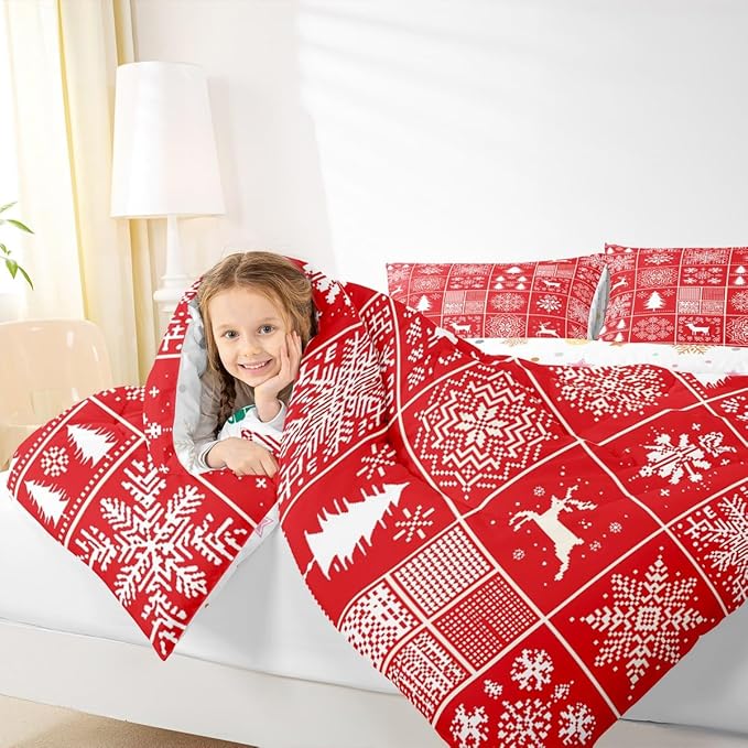 Kids Merry Christmas Comforter Set Twin Size,Deer Snowflake Pines Silhouette Bedding,Girls Boys Adults Bedroom/Xmas Cabin Decor,Geometric Lattice Down Comforter,Red Bright Duvet Insert,1 Pillowcase