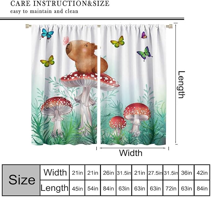 Cartoon Animals Curtains, Cute Butterfly Capybara Blackout Window Treatments, Rod Pocket Thermal Insulated Drapes 2 Panel Sets for Kids Bedroom Nursery Classroom, 84" W X 84" L