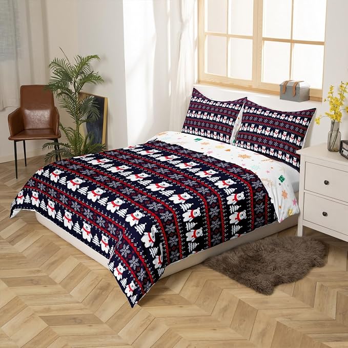 Christmas Bedding Set for Kids Boys Girls Polar Bear Christmas Tree Comforter Cover Set Exotic Ethnic Xmas Theme Duvet Cover Bedroom Decor Snowflake Bedspread Cover King Size Bedding Collection 3Pcs