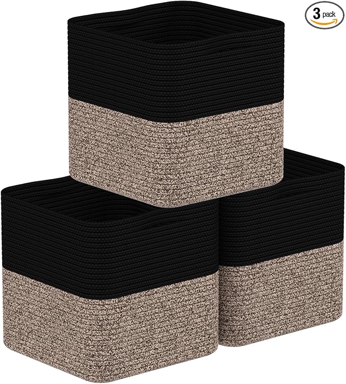 Storage Cotton Cubes 11 Inch, Woven Cotton Rope Storage Baskets for Toys Blanket Organizing, Storage Bins Decorative Organizer with Handles for Living Room Laundry Room Closet (3 Pack, Black Brown)
