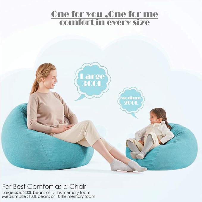 Nobildonna 3 ft Bean Bag Chair Cover (No Filler) 35"×43" Large Stuffed Animal Storage Bean Bag Washable Big Beanbag Chair Cover Premium Corduroy Stuffable Bean Bag Cover for Adults,Kids,Turquoise 300L