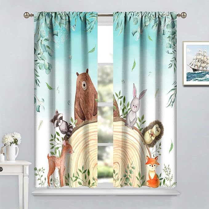 Kids Forest Animal Curtains, Woodland Animal Window Treatments Fox Deer Bunny Wildlife Safari Jungle Bear Farmhouse Window Drapes for Girls Boys Nursery Bedroom 84x84in