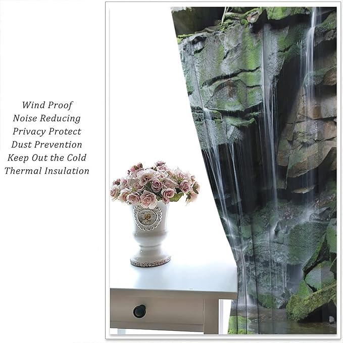 Forest Waterfall Blackout Windows Curtains, Rocky Waterfall to Pond Running Off Scenic Nature Themed Picture Print Curtains, for Living Room Bedroom 63x72in 2 Panels