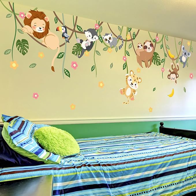 Large Jungle Safari Wall Decals 62.59”x90.94” Animals Climbing Trees Removable Peel and Stick Wall Art for Nursery Kids Room Playroom Decor
