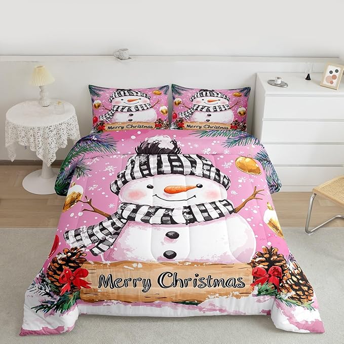 Feelyou Merry Christmas Bedding Set Soft for Boys Girls, Cute Snowman Comforter Set Queen Size Snowflake Duvet Quilt Microfiber Winter Bedroom Decor 3 Pcs with 2 Pillow Cases