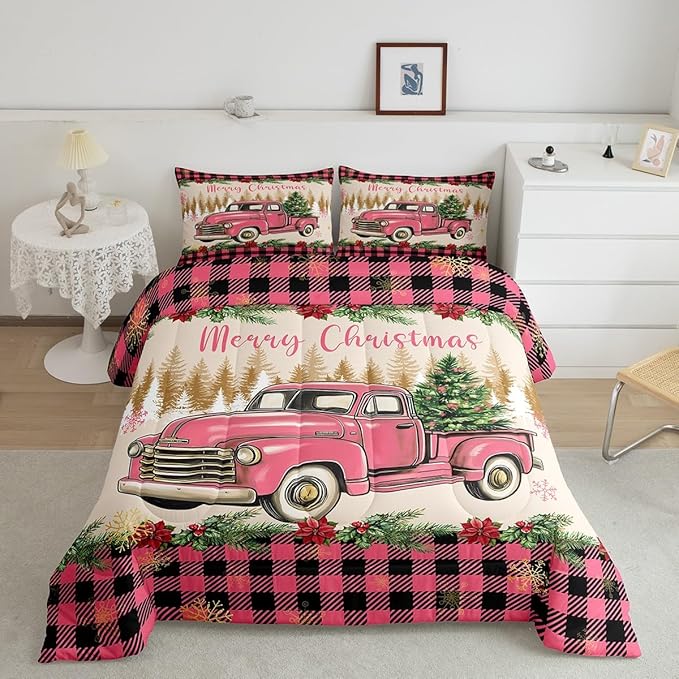 Erosebridal Christmas Queen Comforter Set Merry Xmas Tree Bedding Sets Red Truck Painting Down Comforter,Lattice Decor Bed Set for Kids Boys Girls Teens Bedroom Decor,Reversible