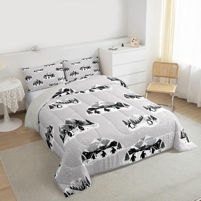Feelyou Christmas Kids Comforter Set King Size Polar Penguin Bedding Set Snowflake Duvet Quilt for Kids Boys Girls Bedroom Winter Decor Microfiber Ultra Soft Breathable