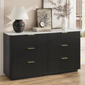 Fluted 6 Drawers Dresser with Charging Station, 55" Wide Modern Chest of Drawers with Faux Marble Top, Wooden Dresser TV Stand, Wood Drawer Organizer for Bedroom, Living Room, Hallway, Black