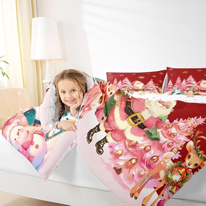 jejeloiu Merry Christmas Comforter Set Full Size Santa Claus Bedding Set for Kids Boys Girls Cute Deer Duvet Quilt Red Bedroom Decor