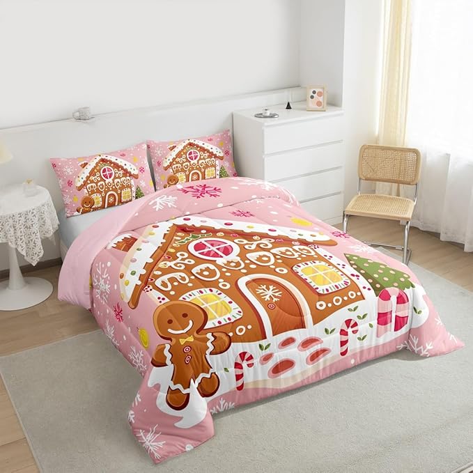 Feelyou Christmas Gingerbread Bedding Set Soft for Boys Girls,Gingerbread House Comforter Set Full Size Winter Holiday Decor Duvet Quilt Cute Snowflake Room Decor Pink Decor 3 Pcs with 2 Pillow Cases