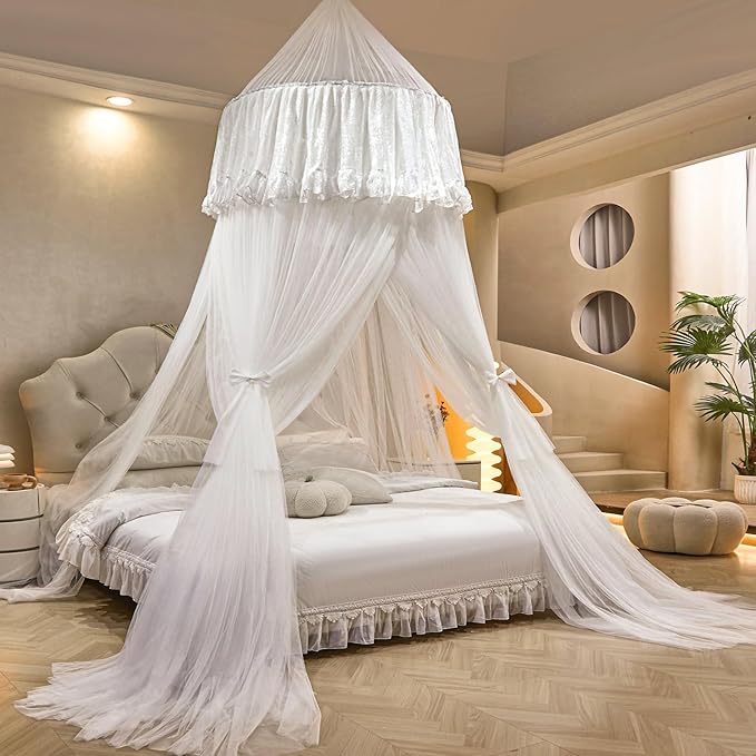 AIKASY Princess Bed Canopy for Girls – Double Layer Sheer Mesh Dome with Romantic Lace Trim, Dreamy Mosquito Net Tent for Twin/Full/Queen/King Beds(White)