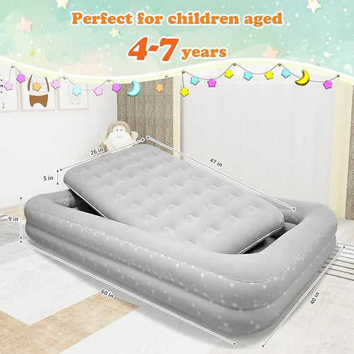 Air Mattress for Kids 4-7 Years - Toddler Travel Bed with Built-in Pump, Sides for Safety, Ultra Soft Plush Surface - Portable Kids Sleeping Pad for Camping, Hotels, Sleepovers & Grandparents' House