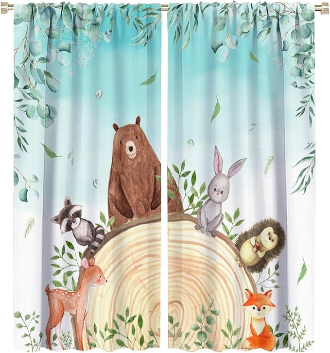 Kids Forest Animal Curtains, Woodland Animal Window Treatments Fox Deer Bunny Wildlife Safari Jungle Bear Farmhouse Window Drapes for Girls Boys Nursery Bedroom 72x63in