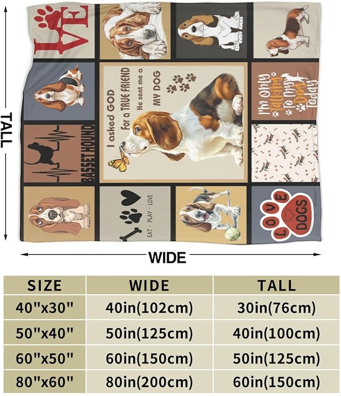 Cute Basset Hound Blanket Basset Hounds Throw Blankets Gifts for Girls Boys Cozy Warm Soft Flannel Throws Plush Stuffed Animal Funny Pet Dog Fleece Blanket DecorGifts for Men Women 50"x40"