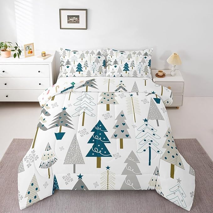 Xmas Trees Comforter Set Toddler Size,Merry Christmas Pine Botanical Boho Hand Drawn Bedding Set for Kids Girls Bedroom,Blue Gray Plant Snowflakes Winter Quilted Set with 1 Pillowcase, White