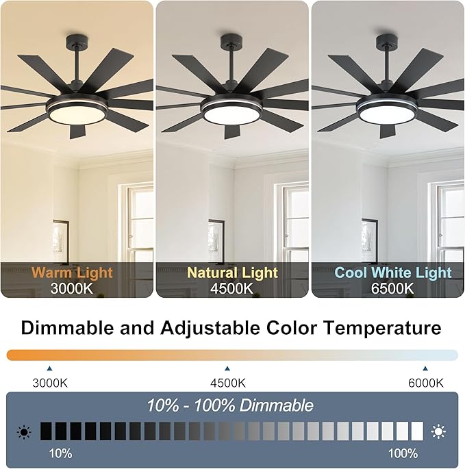 WINGBO 60" Ceiling Fan with Light - Large LED Dimmable Light, 6-Speed Remote Control, Reversible DC Motor, Modern Ceiling Fan 9 Blades for Bedroom, Living Room, Indoor Outdoor Black and Driftwood