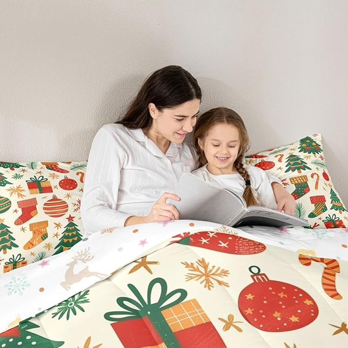 Feelyou Christmas Comforter Set All Season Xmas Tree Bedding Set with 1 Pillow Cases New Year Gift Microfiber Kids Twin Bedclothes Christmas Stockings Bedroom Decor Duvet Quilt Breathable Soft