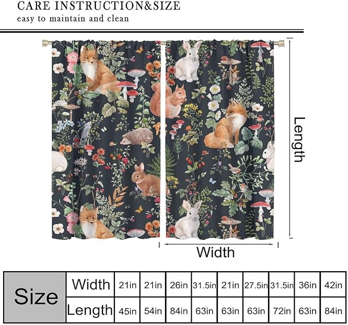 Animal Curtains, Watercolor Forest Animals Plants Pattern Blackout Window Treatments, Rod Pocket Thermal Insulated Drapes 2 Panel Sets for Bedroom Living Room, 63" W X 72" L