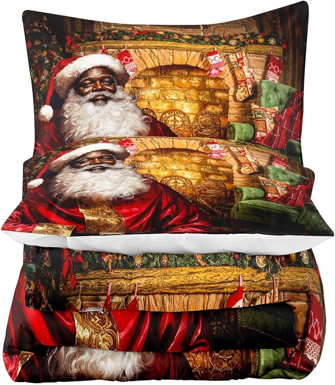 LUVIVIHOME 3-Piece Christmas Comforter Set - Full Size, Funny Black Santa Claus Bedding, Merry Christmas Bedroom Decor for Kids, Teens & African American Families, 1 Pillow Case