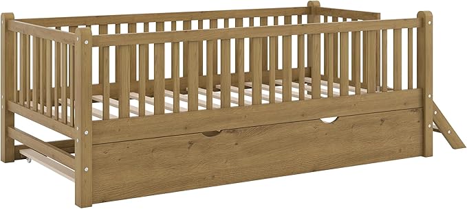 Twin Size Platform Bed with Guardrail and Trundle, Wood Kids Platform Bed Frame with Two-Step Ladder for Boys Girls, Sturdy Slats Support (Walnut-1.26T)