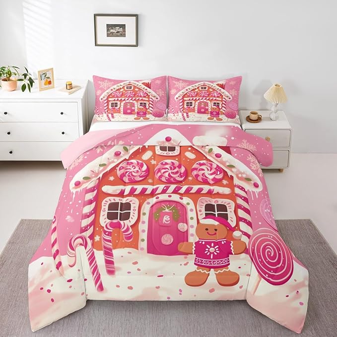 jejeloiu Kids Christmas Theme Comforter Set Toddler Xmas Gingerbread Man Candy Cane House Bedding Set for Boys Girls Teens Hot Pink Winter Happy New Year Duvet Quilt Room Decor