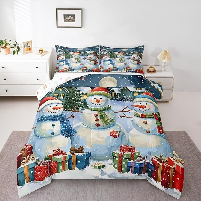 jejeloiu Kids Snowman Comforter Set Full Size Countryside Christmas Theme Bedding Set for Boys Girls Teens Xmas Tree Snowflake Winter Happy New Year Duvet Quilt Room Decor