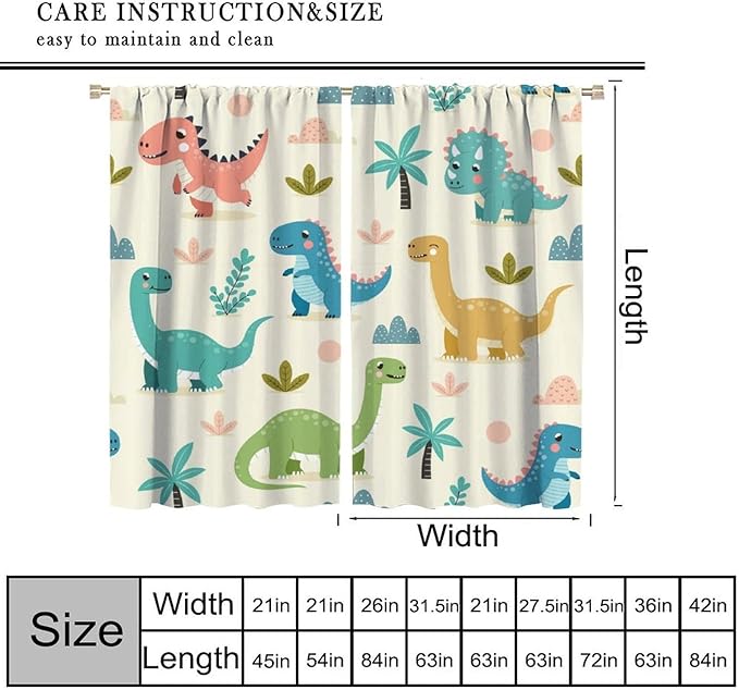 Fun Dino Curtains, Cute Colorful Dinosaur Pattern Blackout Window Treatments, Rod Pocket Thermal Insulated Drapes 2 Panel Sets for Children Boys Bedroom Nursery Classroom, 55" W X 63" L