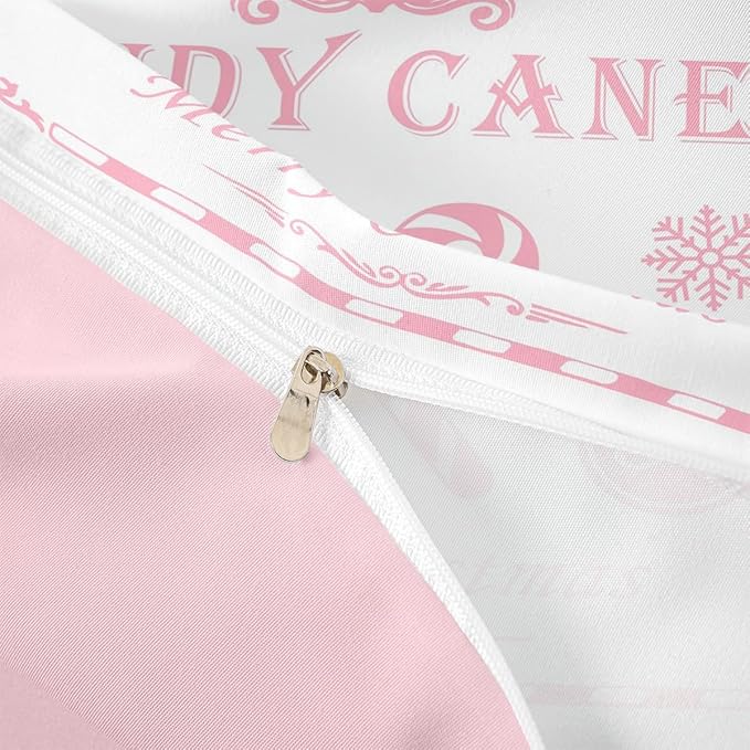 jejeloiu Christmas Bedding Set King Size Kids Christmas Quote Comforter Cover Set for Boys Girls Teens Candy Canes Print Duvet Cover Xmas Bedspread Cover Room Decorations Pink Quilt Cover