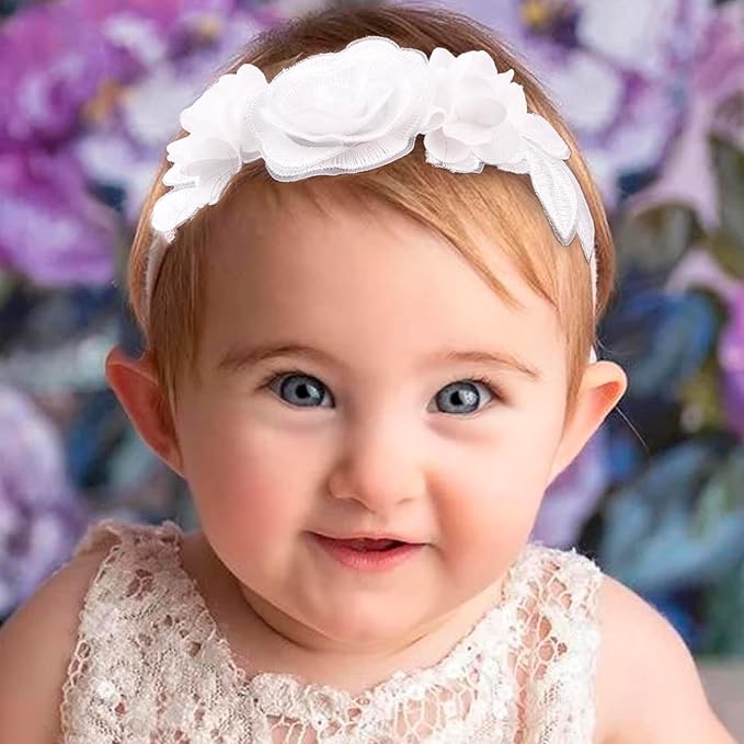 cherrboll Baby Girl Nylon Headbands, 3Pcs Handmade Floral Hair Bows, Stretchy Flower Hairbands for Newborns Infants Toddlers