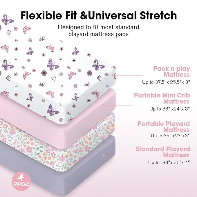 Little Grape Land Mini Crib Sheets for Girls 4 Pack, Fitted Mini Crib Sheets 26x38x5 for Pack and Play/Playard Mattress, Ultra Soft Brushed Microfiber, All-Around Elastic, Butterfly/Floral/Pink/Purple