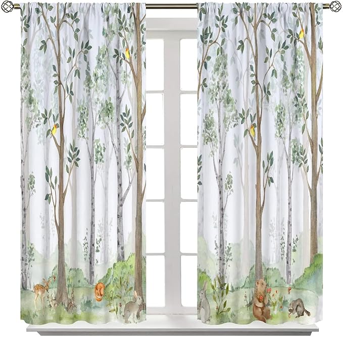 Kids Animal Curtains, Watercolor Natural Forest Animal Hedgehog Fox Butterfly Rabbits Forest Print Curtain Boys and Girl Bedrooms 42x54 Inch