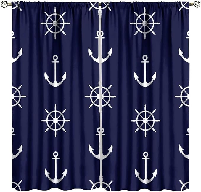 Nautical Rudder Curtains,MarineThemed Oceanic Anchor Pattern Blackout Print Home Bedroom Living Room Window Treatments 2 Panel Set 72x63 Inch