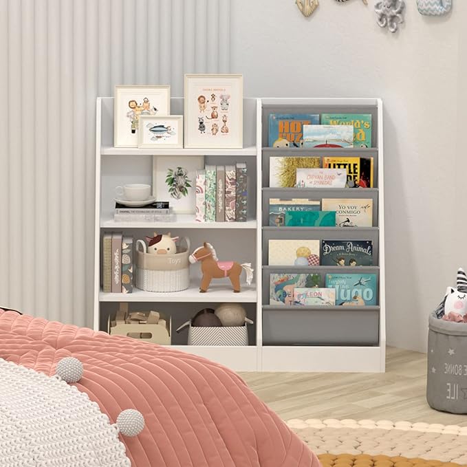 4 Tier Kids Wooden Bookshelf, 5 Layer Sling Toddler Bookcase,Baby Storage Book Rack,Book and Toy Organizer Cabinet,Children Book Display,Playroom Nursery Classroom Kid Room