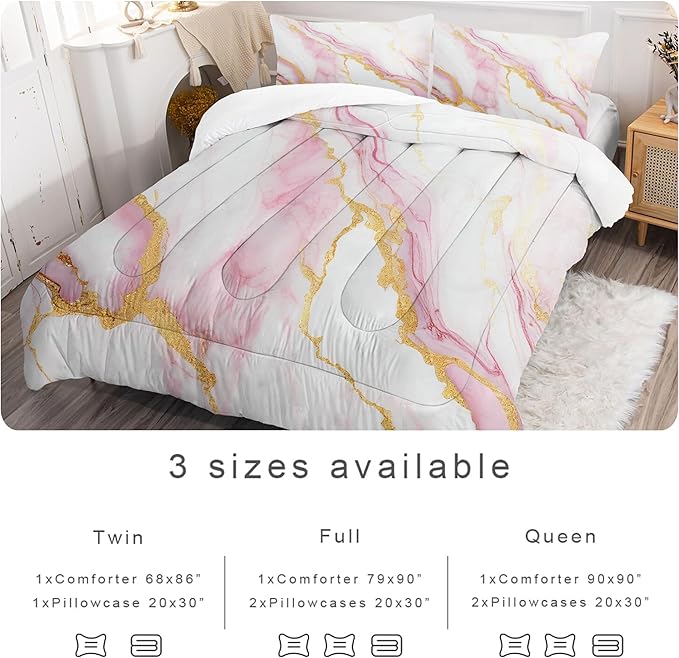 Comforter Set Pink Marble: Full Size Bedding Sets for Girls Teens Kids Women Luxury Gold Glitter Abstract Marbling Pastel Bed Set 1 Comforter & 2 Pillowcases